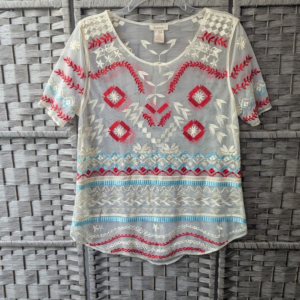 Sundance Mesh Top Cream Red Blue Embroidered Sheer Blouse Sz M Boho Festival